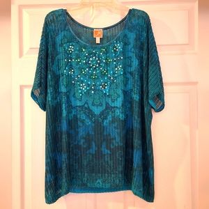 JM Collection, XL, Woman's Sequined Overlay Top, Dark & Light Teal
